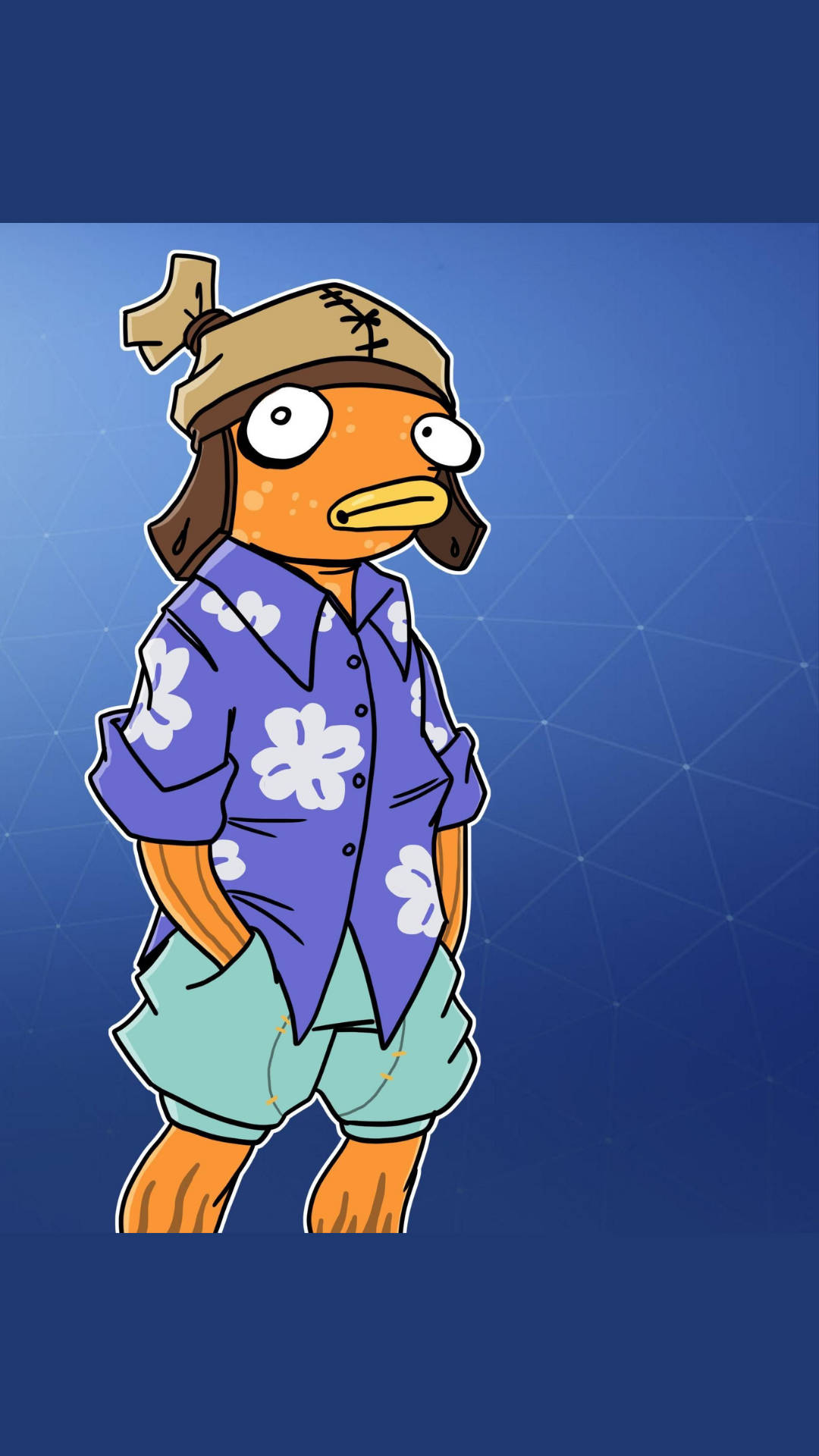 Fishstick《Fortnite》夏威夷襯衫 壁紙 — 一隻卡通鴨子，頭部纏著繃帶，身穿夏威夷襯衫，站在帶有幾何線條的藍色漸變背景前。