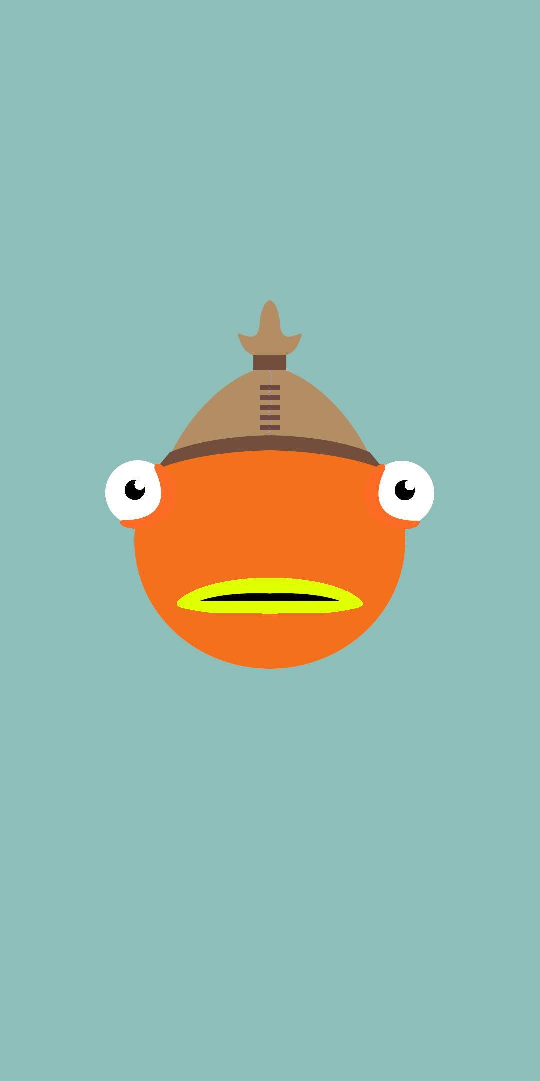 Fishstick Fortnite 面部向量藝術 壁紙 — 一條卡通橙色魚，有大眼睛和黃色嘴巴，戴著棕色美式足球頭盔，背景是藍綠色。