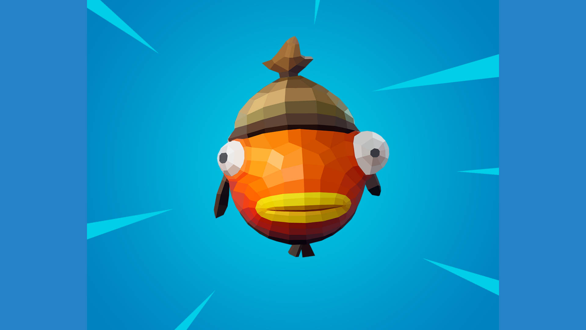 Fishstick Fortnite 馬賽克頭像 壁紙 — 一條低多邊形橙色魚戴著棕色帽子，在明亮的藍色背景上漂浮，周圍有放射狀光線。