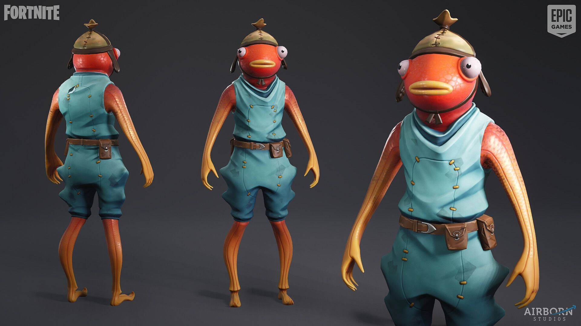 Fishstick《Fortnite》人物側影 壁紙 — 三個視角展示一個卡通魚角色，身穿藍色工裝褲和頭盔，背景為深灰色攝影棚。