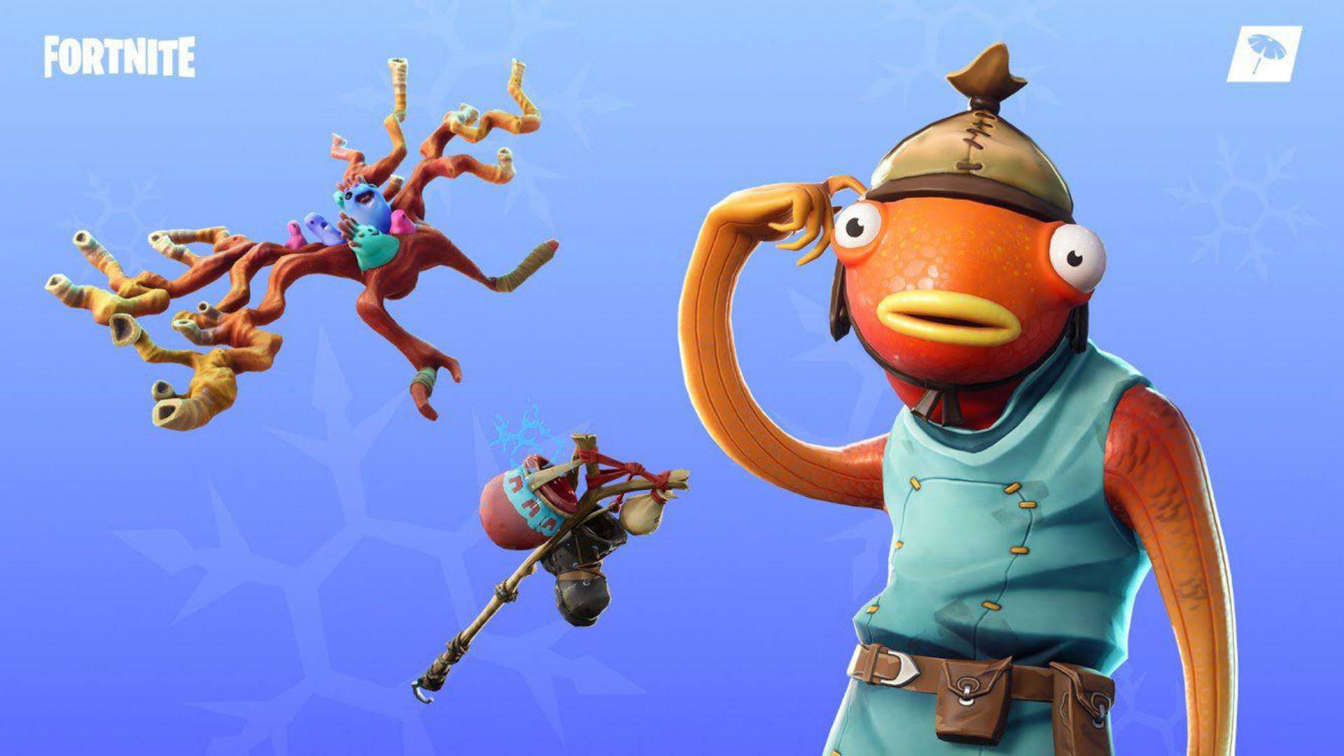 Fishstick Fortnite 推廣海報 壁紙 — 一個穿著青綠色背心的 Fortnite 魚角色在敬禮，而一個多肢生物和一把武器在藍色背景附近漂浮。