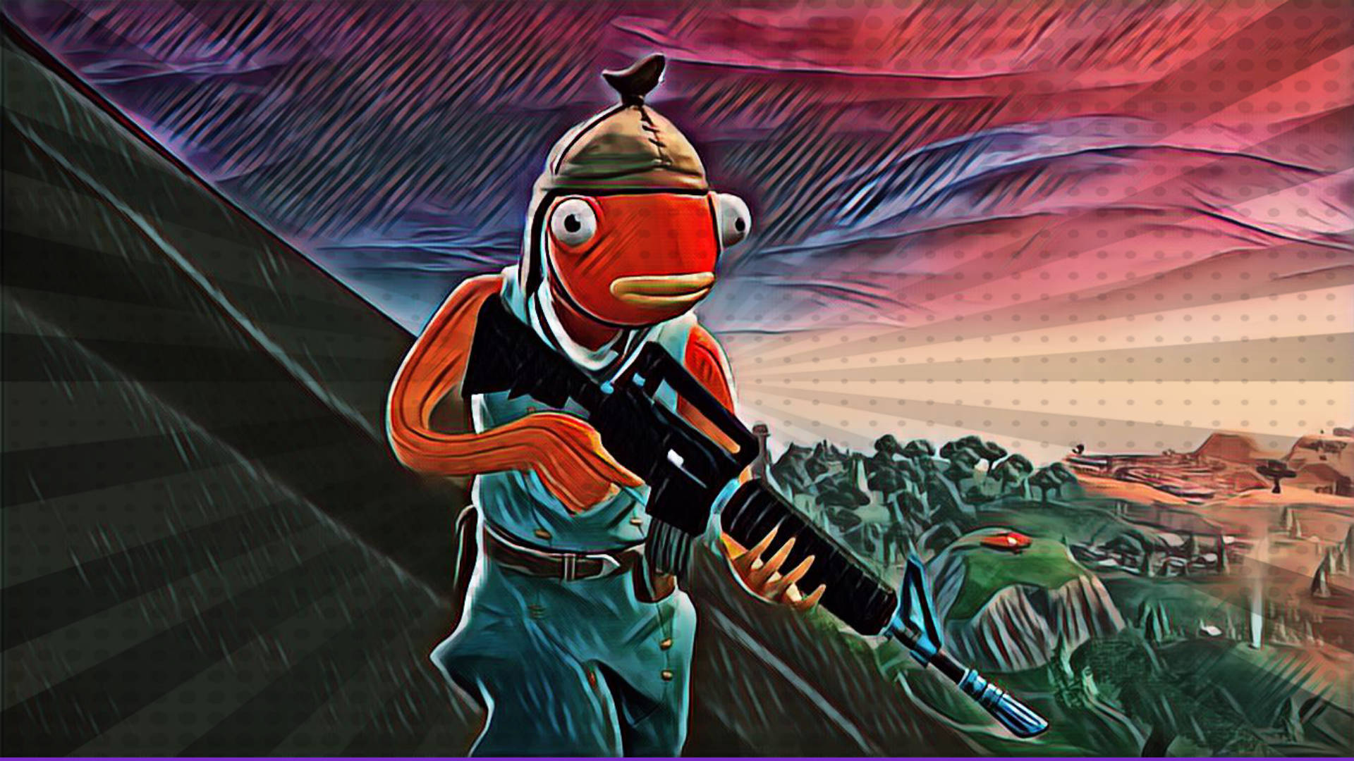 Fishstick Fortnite 數位油畫風格 壁紙 — 一條卡通魚穿著軍服，在崎嶇地形上戲劇性的紫色和粉紅色天空下拿著步槍。