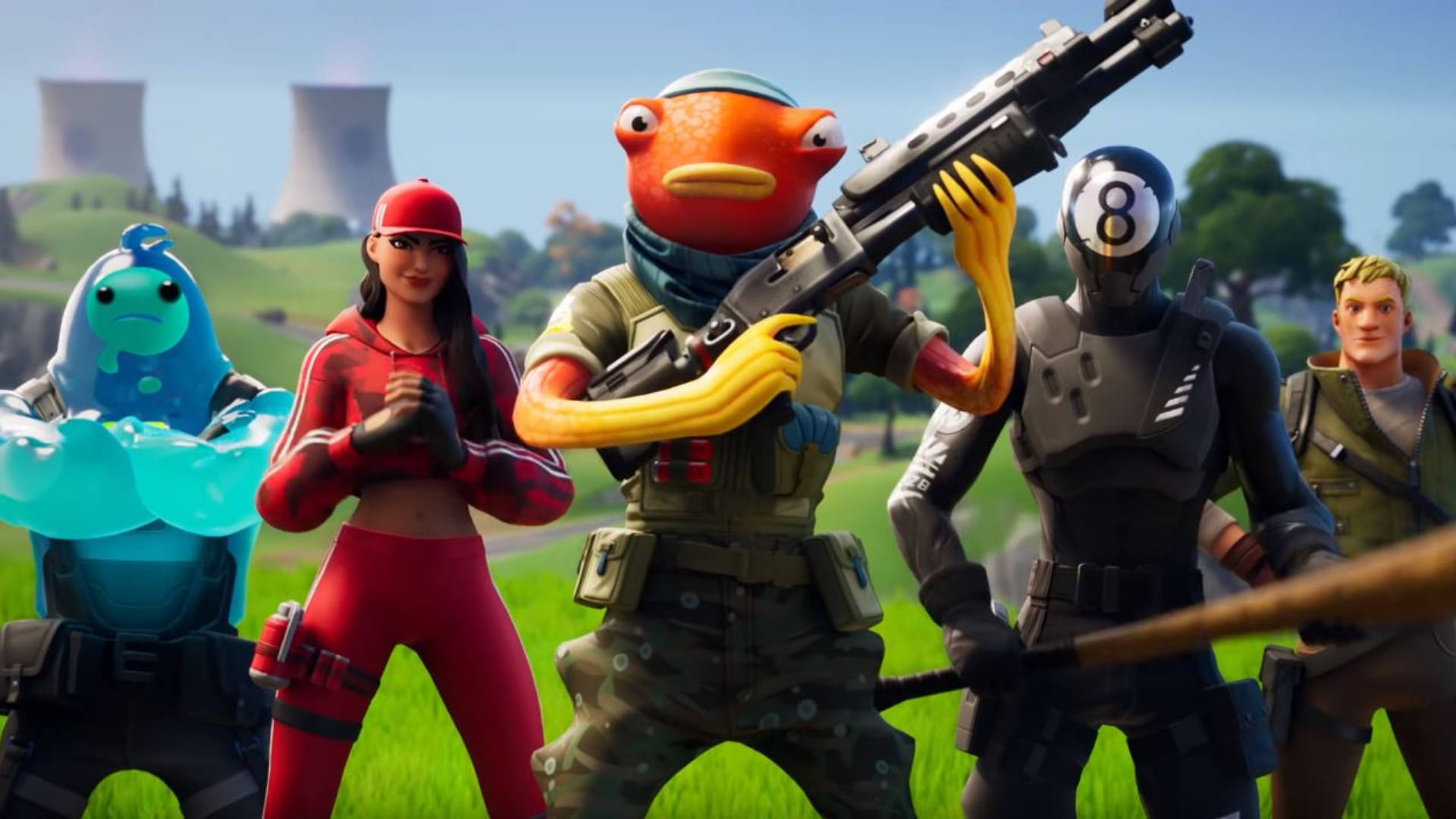 Fishstick Fortnite 與幫派 壁紙 — 五個《Fortnite》角色，包括一個拿著步槍的魚人，站在草地上，背景有核電廠。
