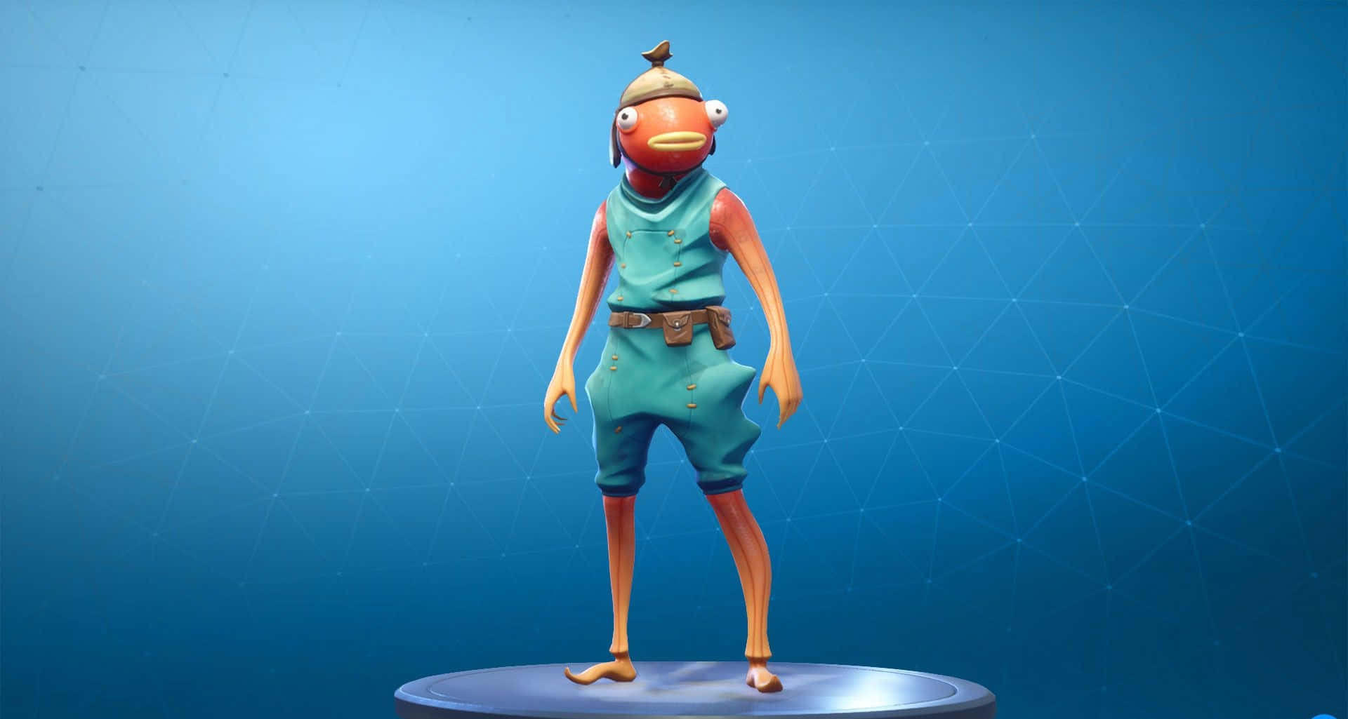 Fortnite 魚角色穿著青綠色工裝褲，站在藍色幾何背景的基座上。