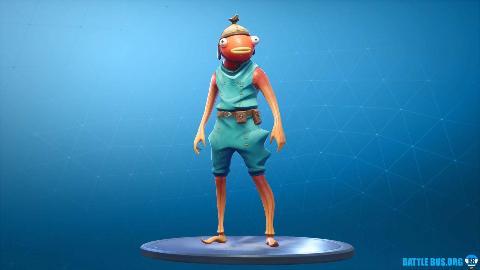 Fishstick《Fortnite》戰鬥皇家賽季7 壁紙 — 一個卡通魚頭角色穿著青綠色服裝，站在一個底座上，背景是藍色幾何漸變。