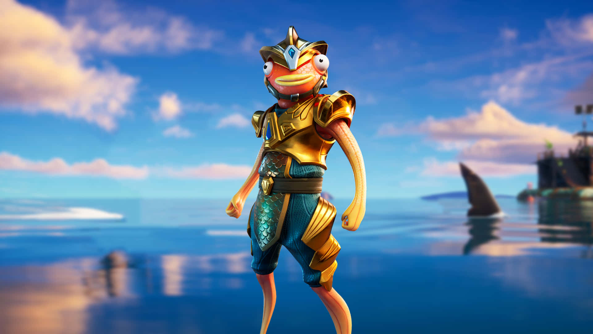 Fishstick準備展現他是《Fortnite》的王者！ 壁紙 — 一個金色盔甲的魚角色自信地站在平靜的藍色水面上，天空明亮，遠處有船和鯊魚鰭。