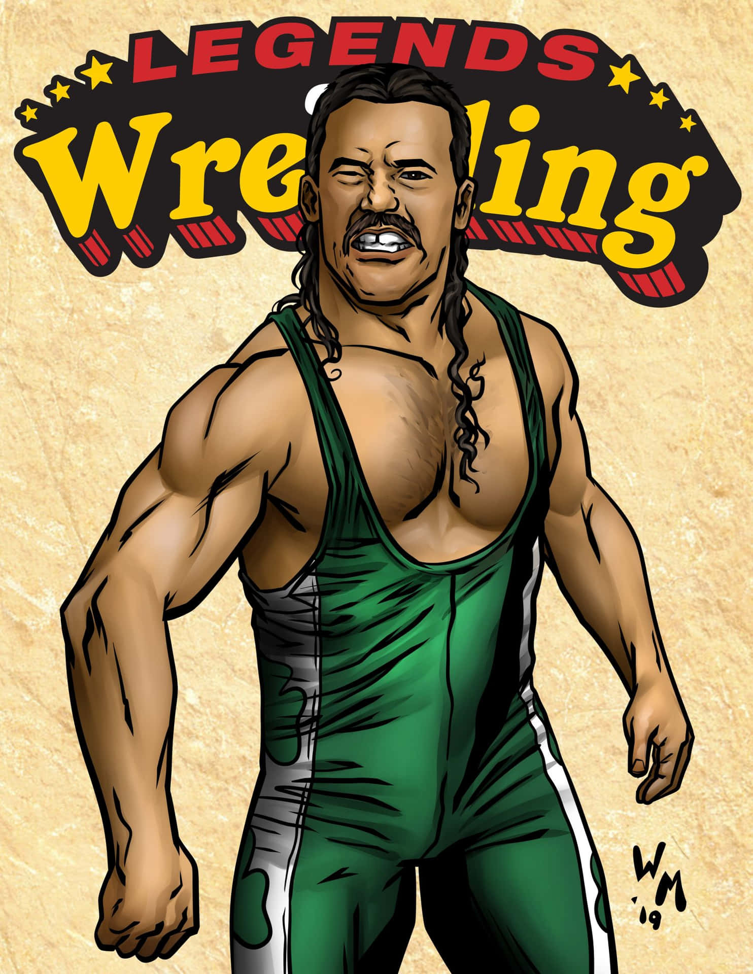 卡通摔角手，身穿綠色緊身衣，長辮子，站在「Legends Wrestling」橫幅下。