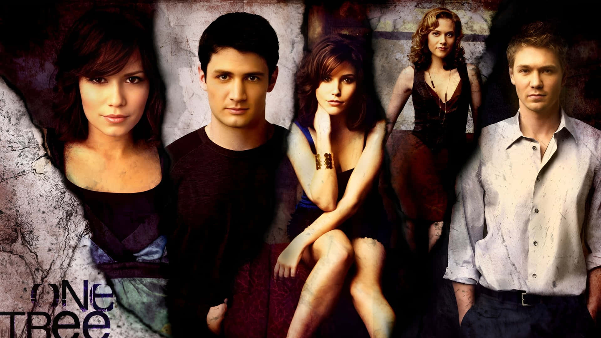  壁紙 — 《One Tree Hill》的五位演員在帶有紋理的牆壁前擺姿勢，配合戲劇性的燈光和憂鬱的色調。