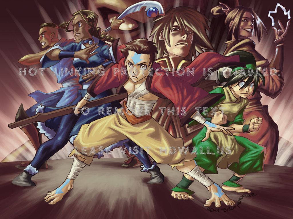 《降世神通：最後的氣宗》主要角色 壁紙 — 五個動畫戰士以動態戰鬥姿勢，手持發光元素武器，背景是戲劇性的紅色和金色。