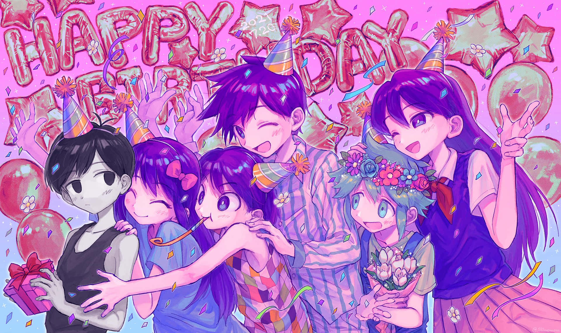 動漫角色用五彩紙屑和氣球慶祝生日。