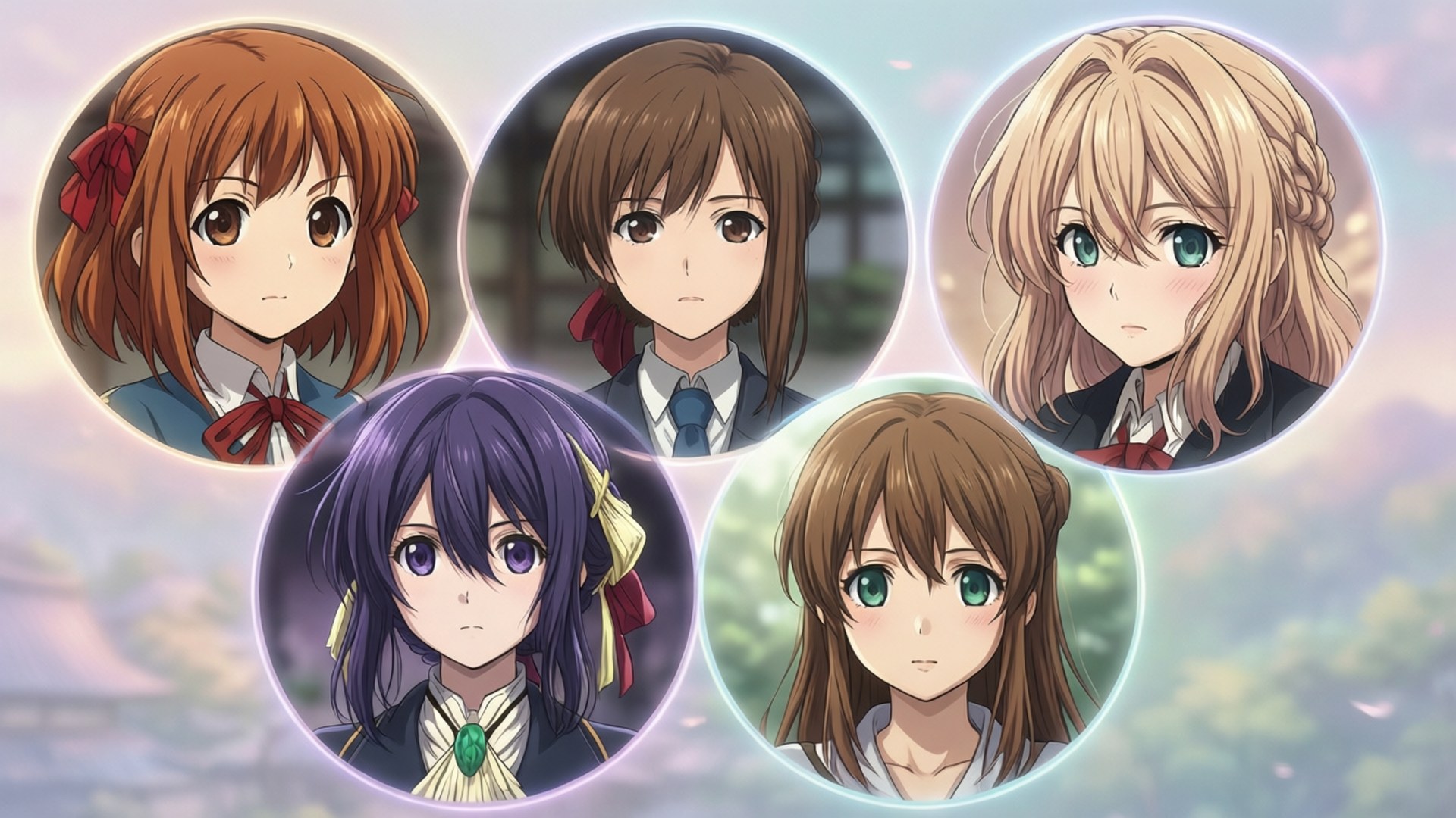 Kyoto Animation 桌布 壁紙 — 五個穿著校服的動漫女孩出現在發光的圓圈中，背景是柔和的粉彩天空和模糊的櫻花。