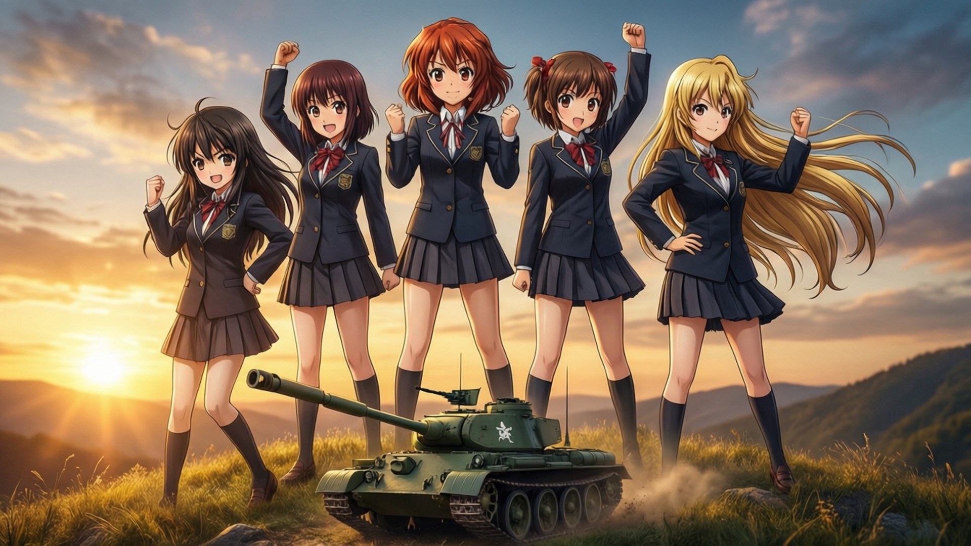 Girls Und Panzer 桌布 壁紙 — 五個穿著校服的動漫女孩在日落時分勝利地站在草地山坡上的一輛坦克旁邊。