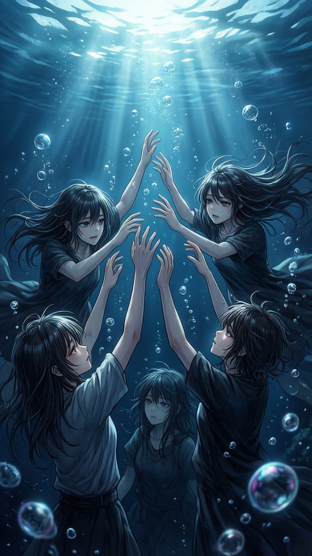 Scissor Seven 桌布 壁紙 — 五位黑髮動漫女孩在水下向上伸手，陽光穿過水面照射下來，氣泡在她們周圍升起。