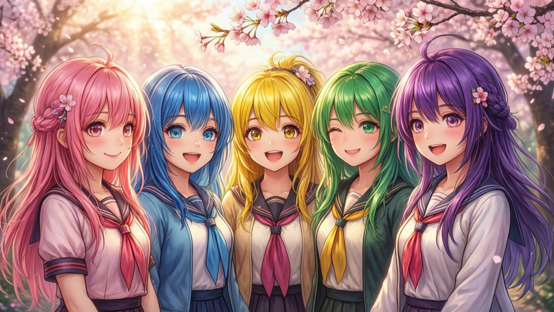 The Quintessential Quintuplets 桌布 壁紙 — 五個動漫女孩，頭髮色彩繽紛，穿著水手服，在夕陽下盛開的櫻花下微笑。