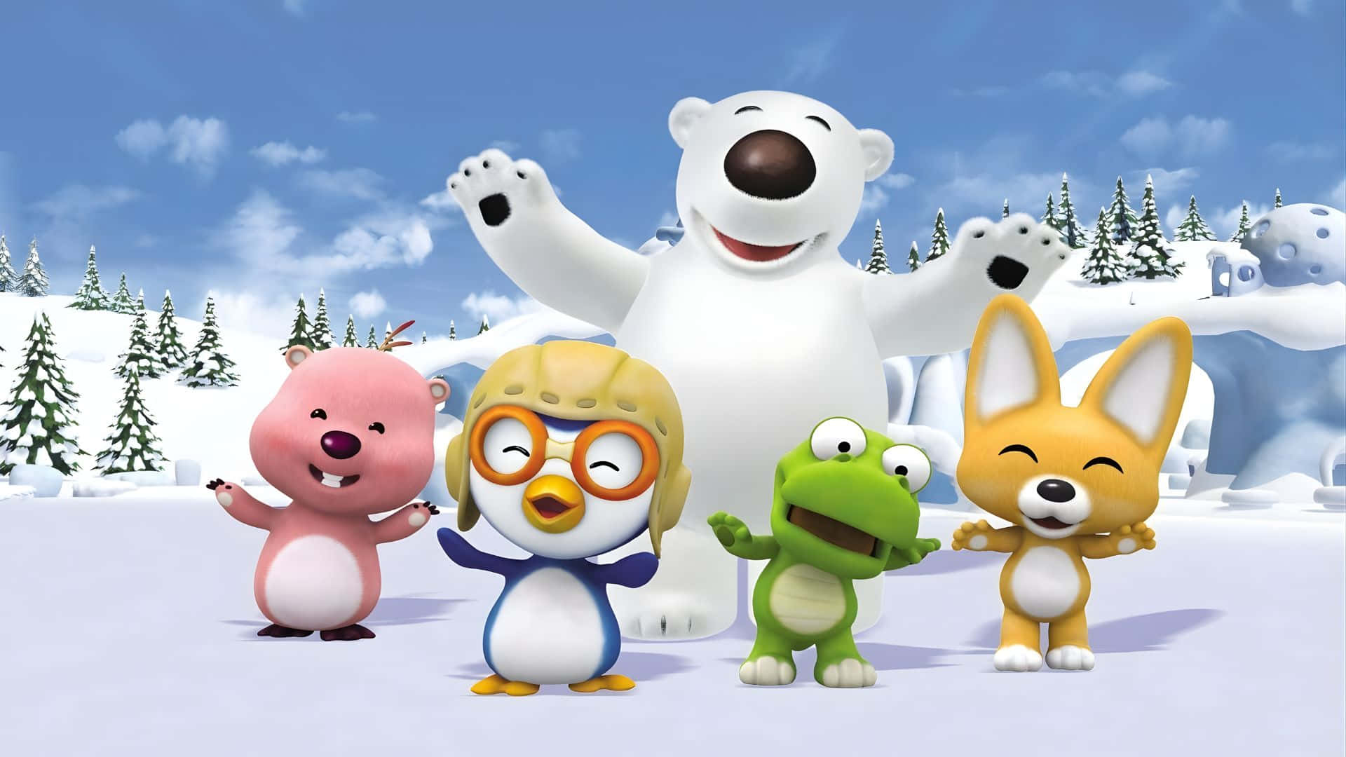  壁紙 — 五隻快樂的卡通動物，包括一隻北極熊，在雪地冬季風景中揮手，背景有松樹和冰層。