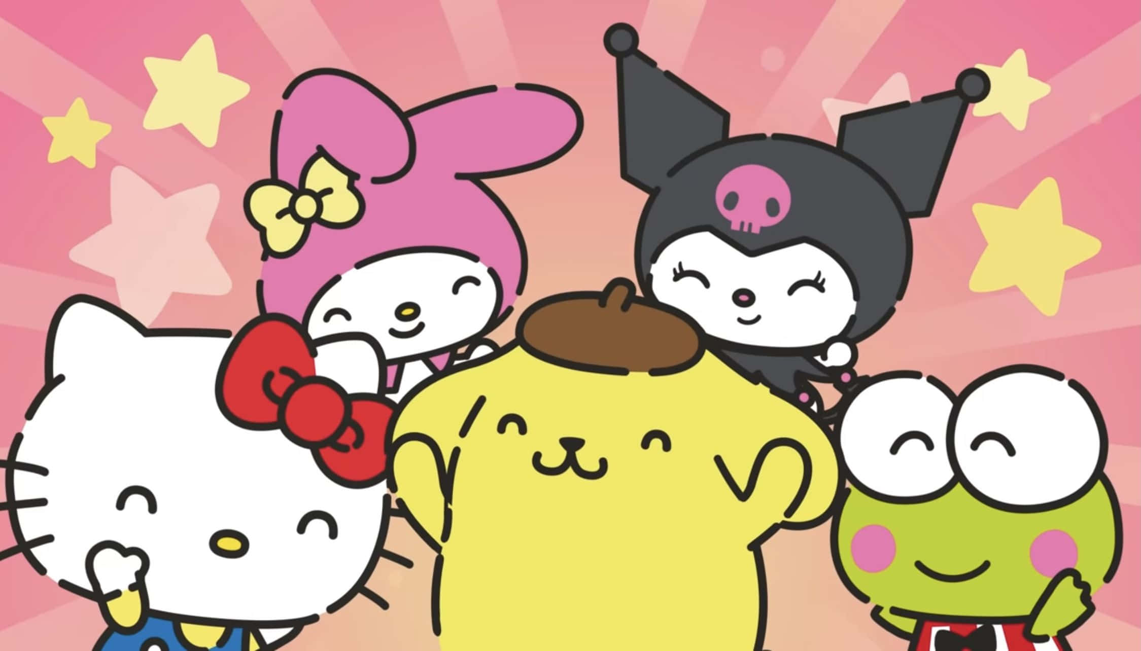 Hello Kitty And Friends 桌布 壁紙 — 五個開心的Sanrio角色在粉紅色星爆背景上微笑，背景有黃色星星。