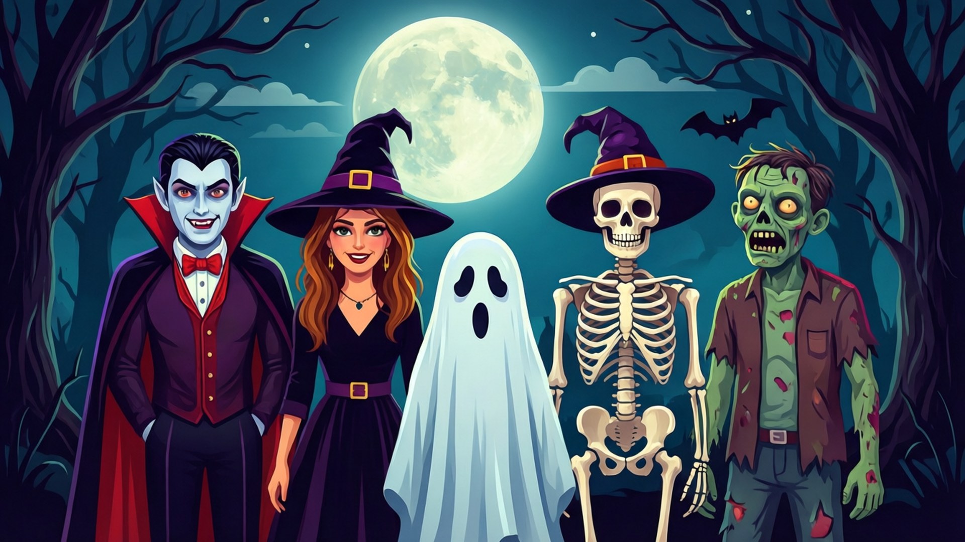 Halloween Friends 桌布 壁紙 — 五個經典萬聖節角色吸血鬼、女巫、鬼魂、骷髏和殭屍在滿月下的陰森森林中站在一起。