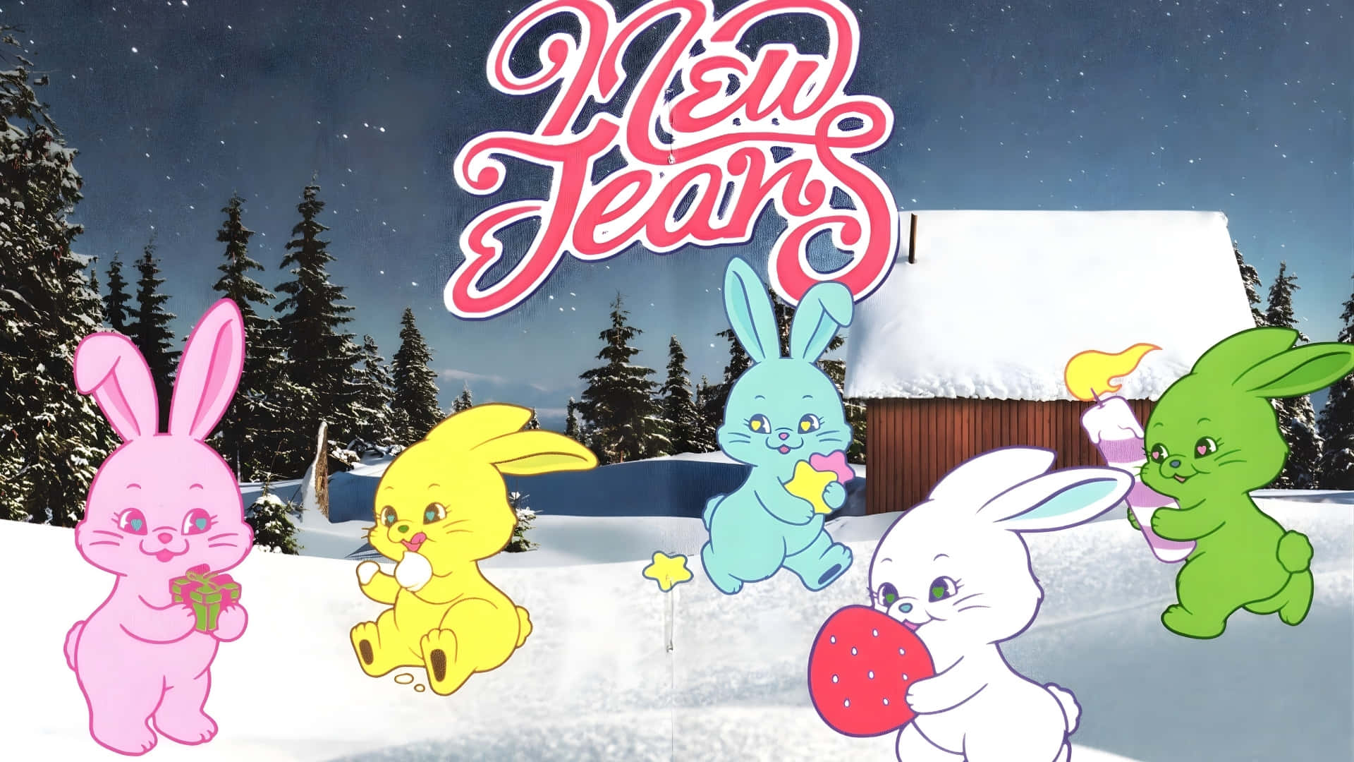  壁紙 — 五隻色彩繽紛的卡通兔仔在白雪覆蓋的森林中慶祝新年，背景有星空和雪覆蓋的小屋。