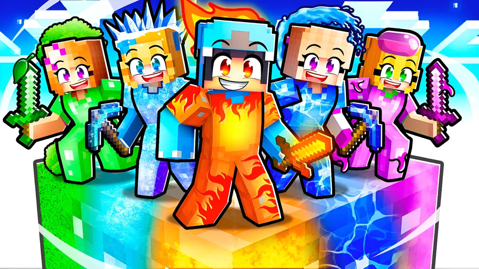  壁紙 — 五個色彩繽紛的Minecraft風格角色，帶有像素化方塊設計，站在彩虹立方體上，手持武器並微笑。