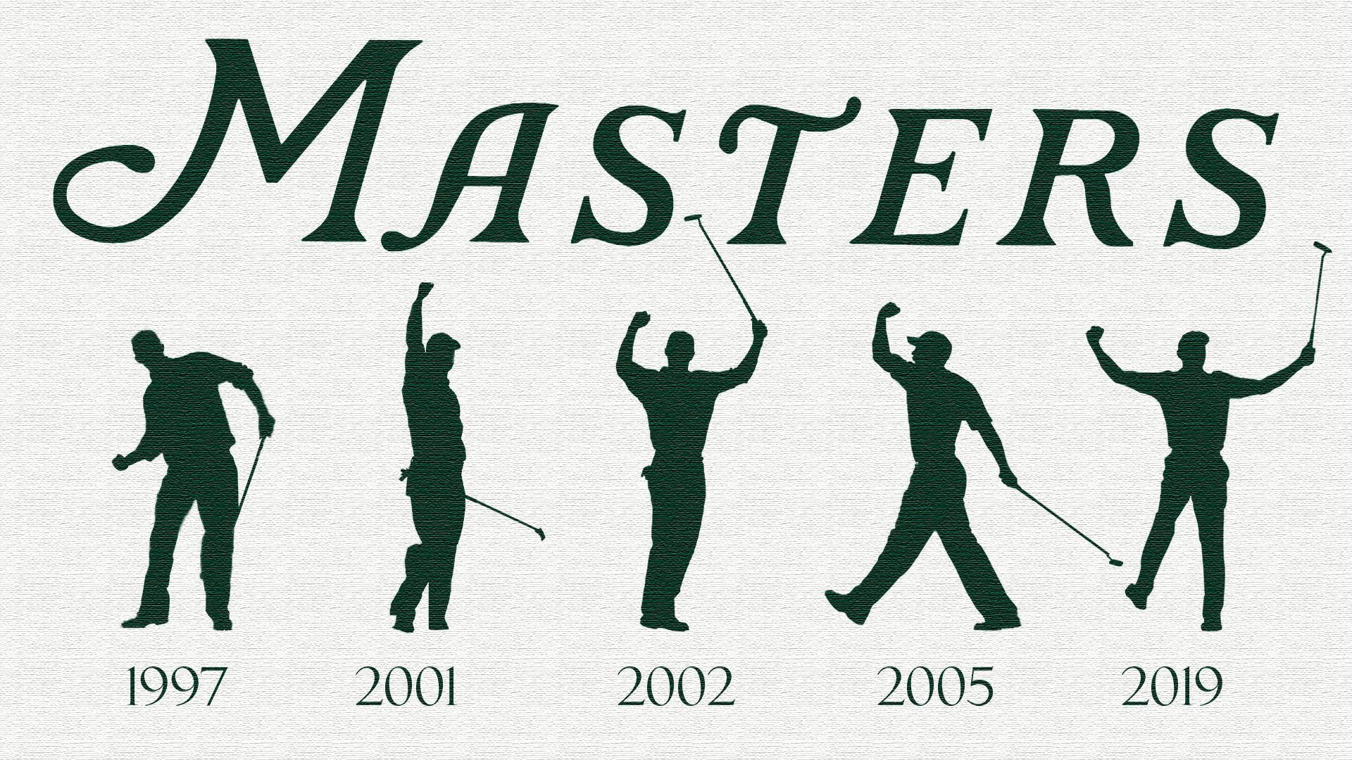 五個高爾夫球手剪影，慶祝1997、2001、2002、2005和2019年大師賽勝利。