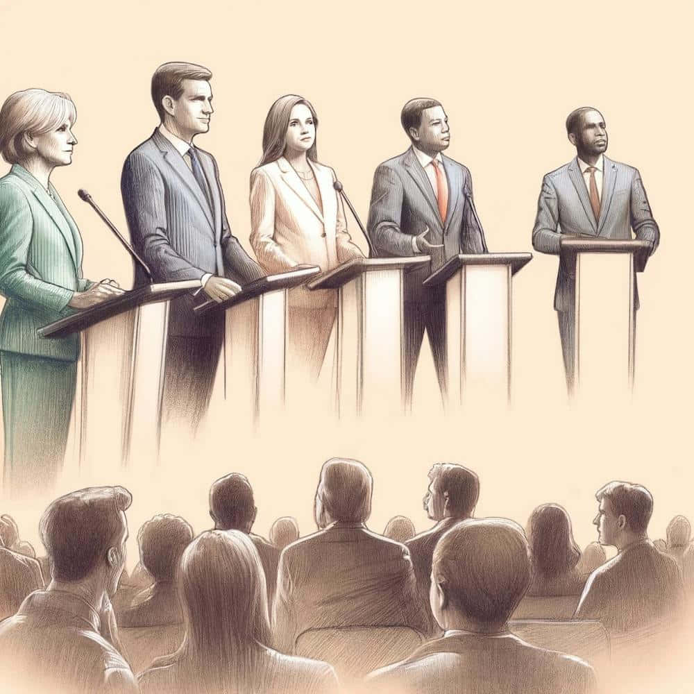 壁紙 — 五位穿著正式服裝的候選人站在講台上，在風格化的插圖辯論場景中向觀眾發言。