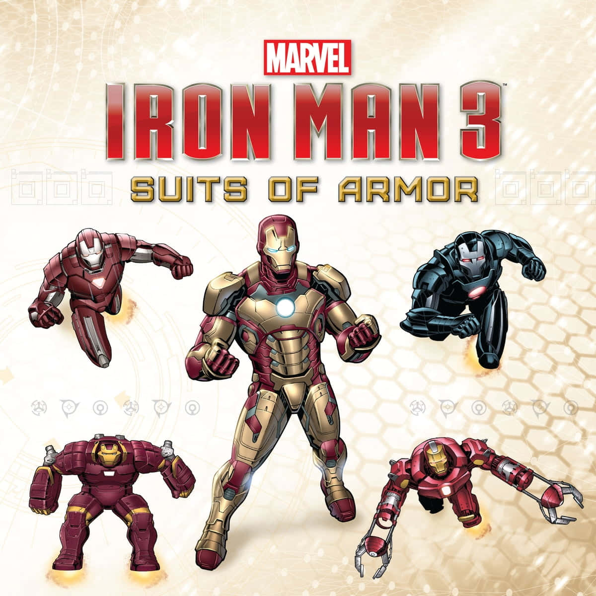 五套來自Iron Man 3的鐵甲奇俠裝甲以動態姿勢漂浮。