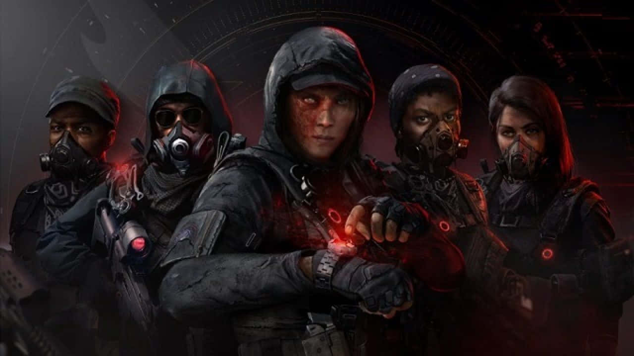  壁紙 — 五名戴面具的士兵身穿戰術裝備，站在一個黑暗的未來場景中，帶有發光的紅色點綴和武器。
