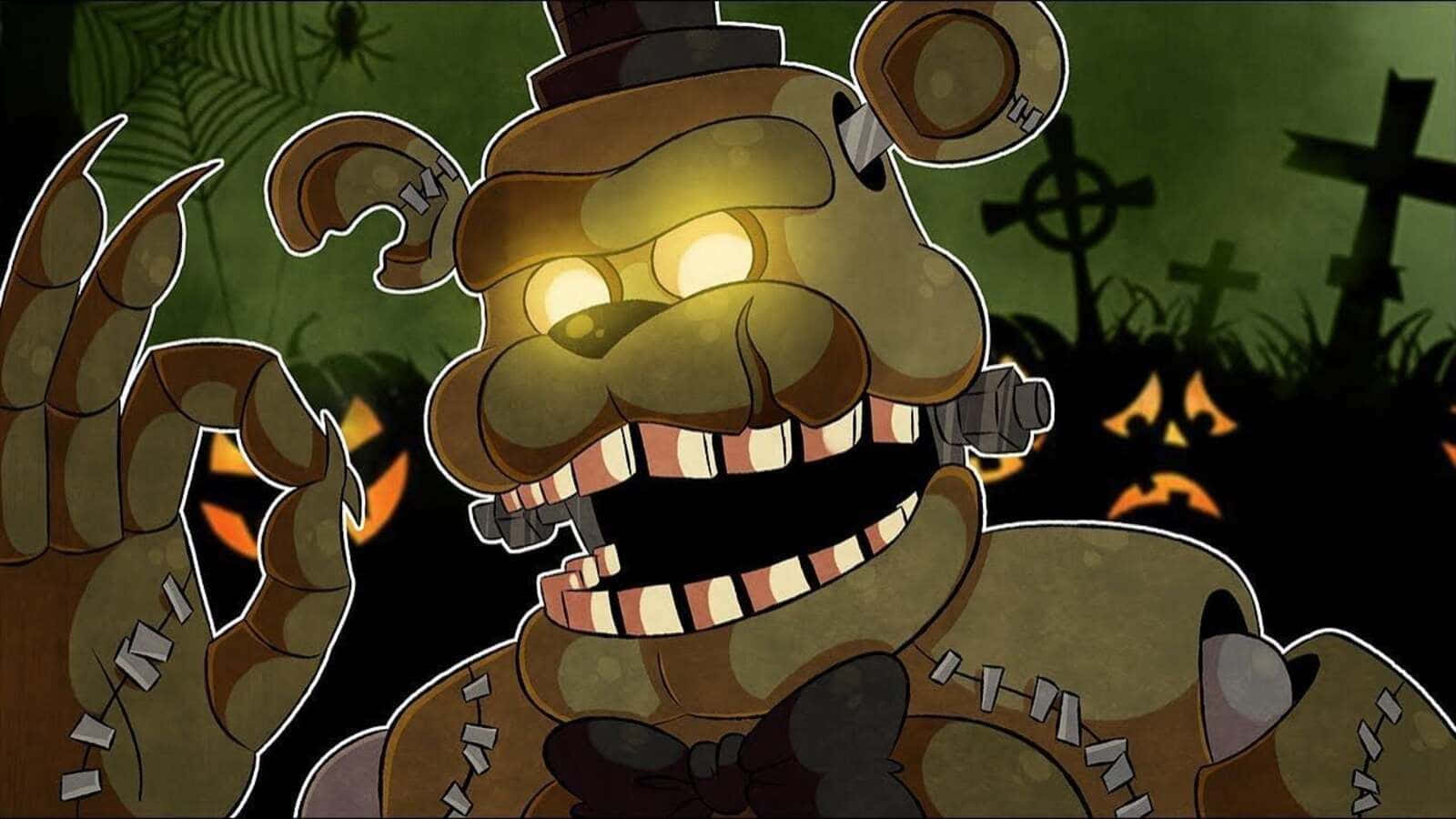 《Five Nights at Freddy's》中的恐懼 Dreadbear 在烈焰噩夢中徘徊 壁紙 — 一隻帶有發光眼睛和鋒利爪子的威脅性電子熊在夜晚的鬧鬼墓地中若隱若現。