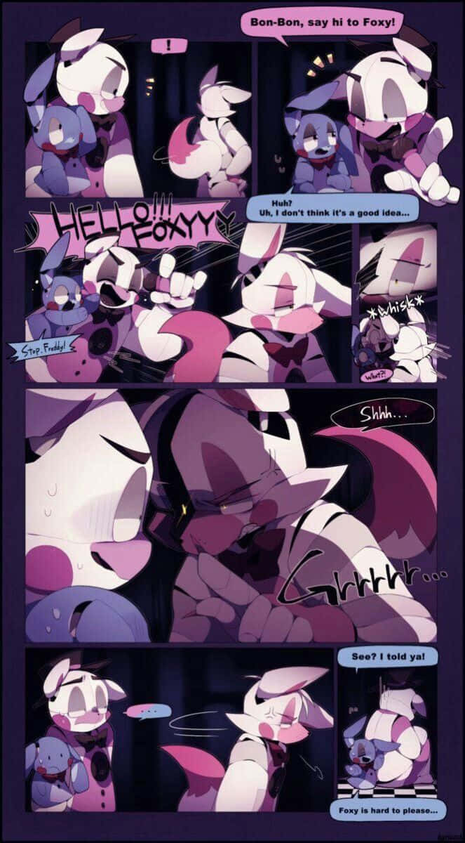 《Five Nights at Freddy's》主角群：Freddy、Chica、Bonnie、Foxy與Golden Freddy 壁紙 — 一個漫畫格顯示一隻紫色兔子角色在燈光昏暗的房間裡，緊張地向一隻脾氣暴躁的狐狸打招呼，並帶有對話氣泡。