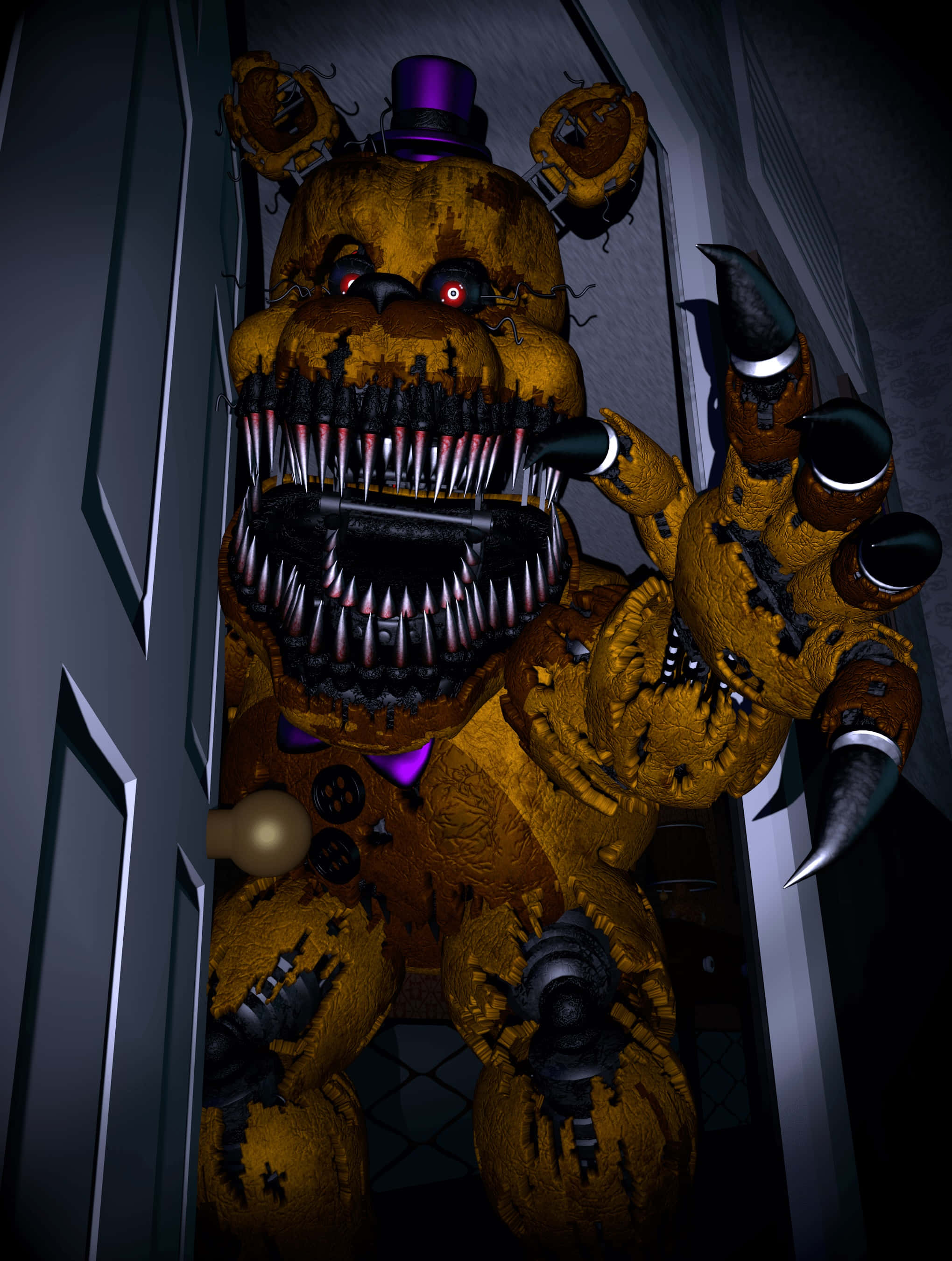 《Five Nights at Freddy's》的詭異世界 壁紙 — 一隻帶有發光紅眼和尖牙的威脅性黃色機械熊在黑暗走廊中破門而出。