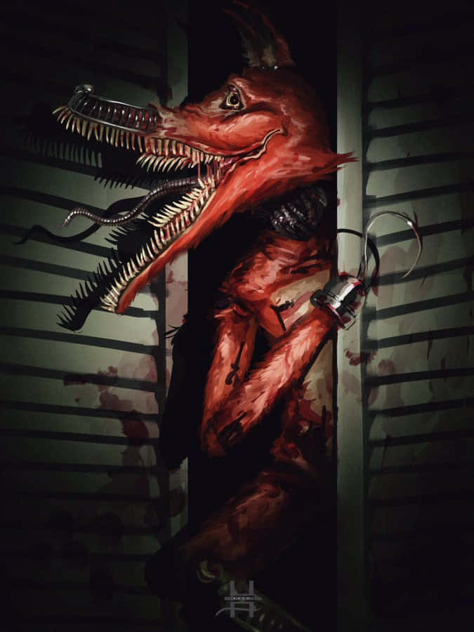 《Five Nights at Freddy's》驚悚畫面 壁紙 — 一個怪誕的紅色狐狸狀生物，長有尖牙和機械肢體，衝破一間黑暗、血跡斑斑的房間的鐵欄門。