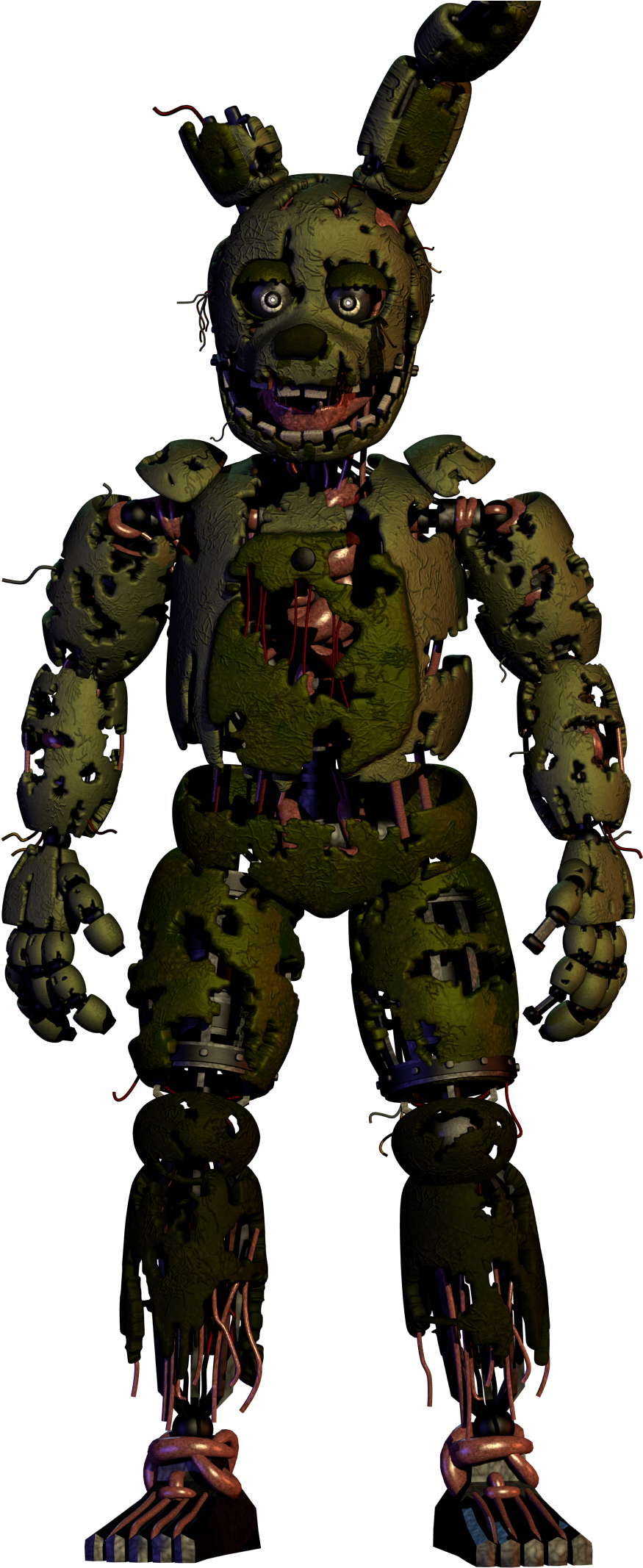 Five Nights at Freddy's Springtrap 角色 壁紙 — 一隻破爛的綠色電子機械兔，露出電線和猙獰的笑容，站在黑色背景前。