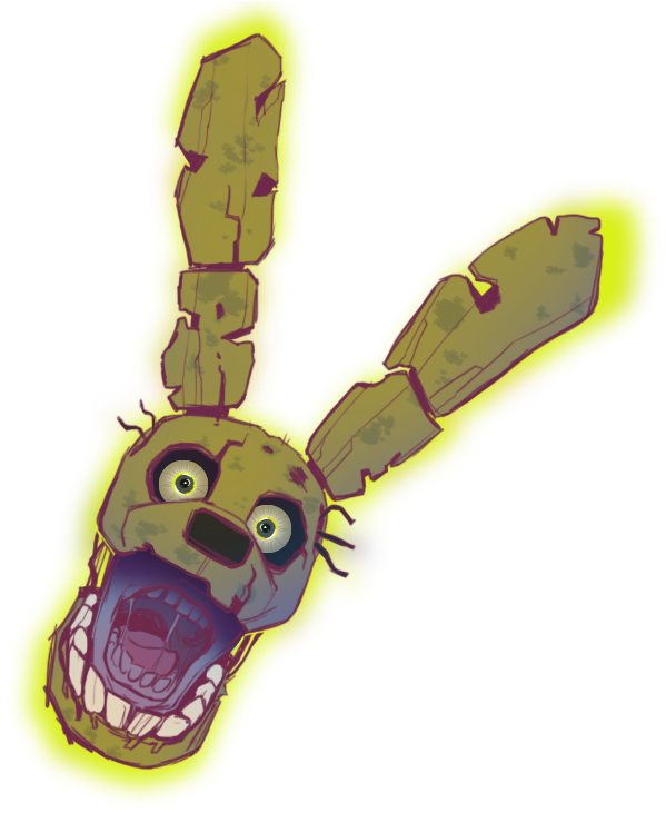 Five Nights at Freddy's Springtrap 角色藝術 壁紙 — 一隻卡通喪屍兔，帶有發光黃色輪廓和睜大驚恐的眼睛，在黑色背景上尖叫。