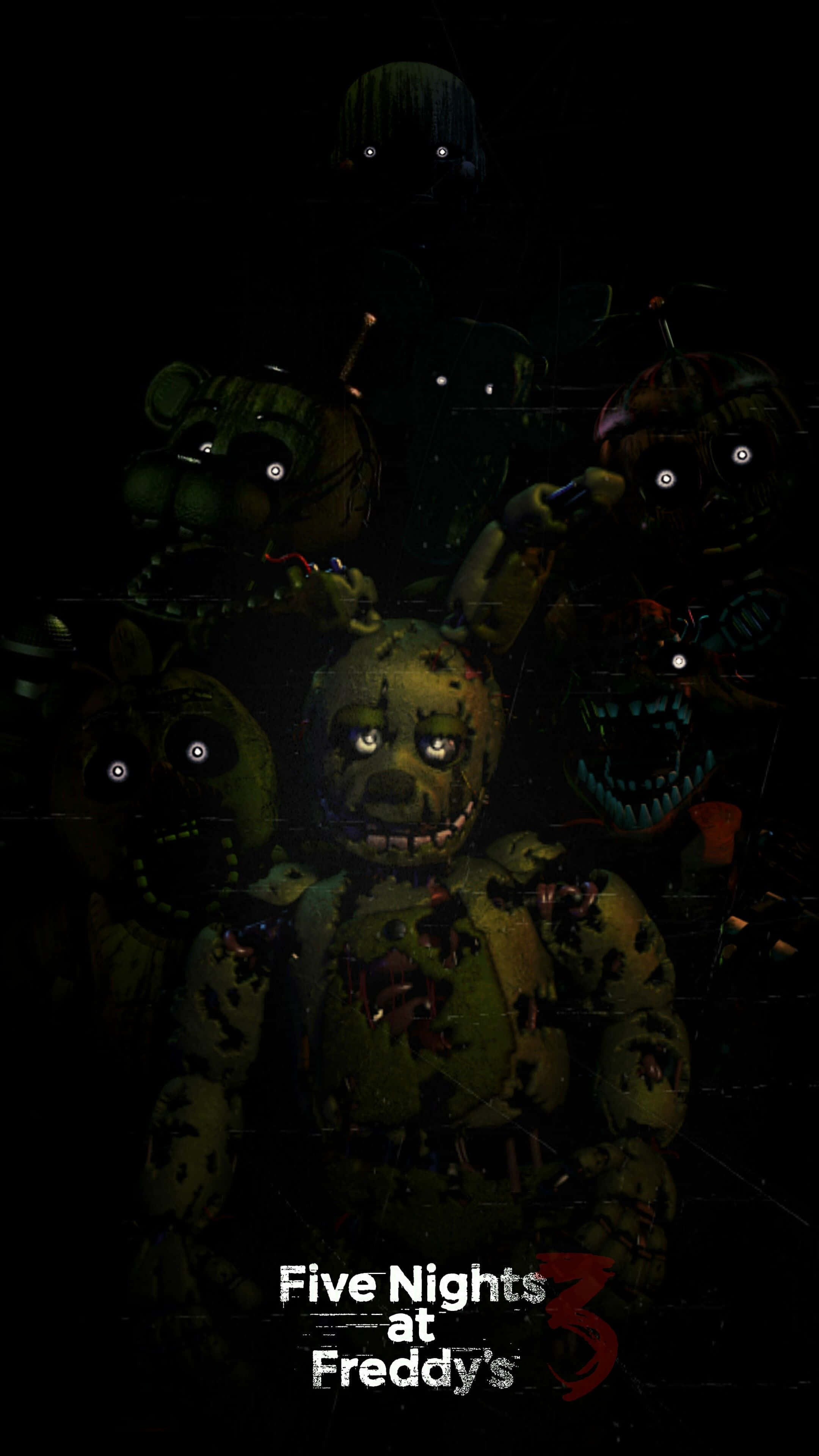 《Five Nights at Freddy's》冒險的詭異魅力 壁紙 — 來自《Five Nights at Freddy's》遊戲的恐怖電子動畫角色，眼睛發光，在黑暗中若隱若現。