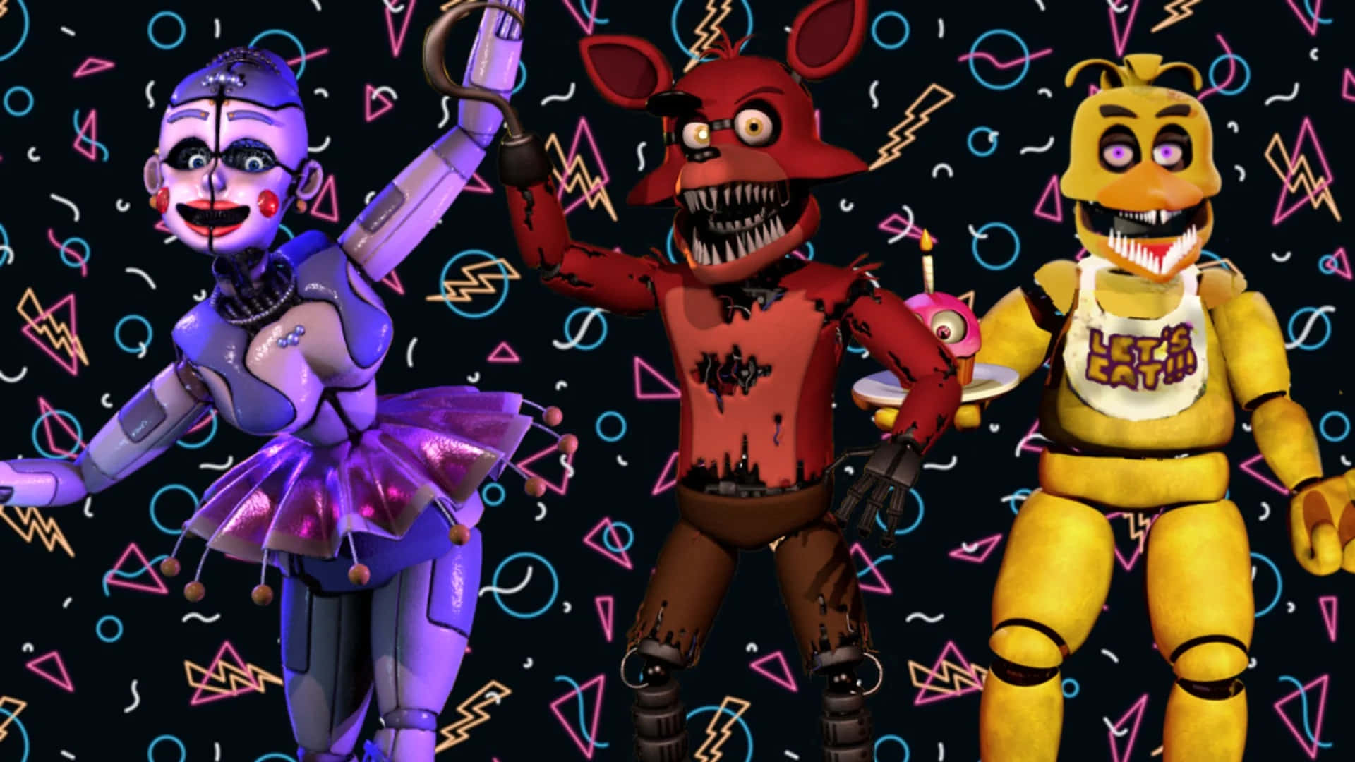 Fazbear Frights 桌布 壁紙 — Five Nights at Freddy's 中的三個電子動畫角色在霓虹幾何背景前擺姿勢。