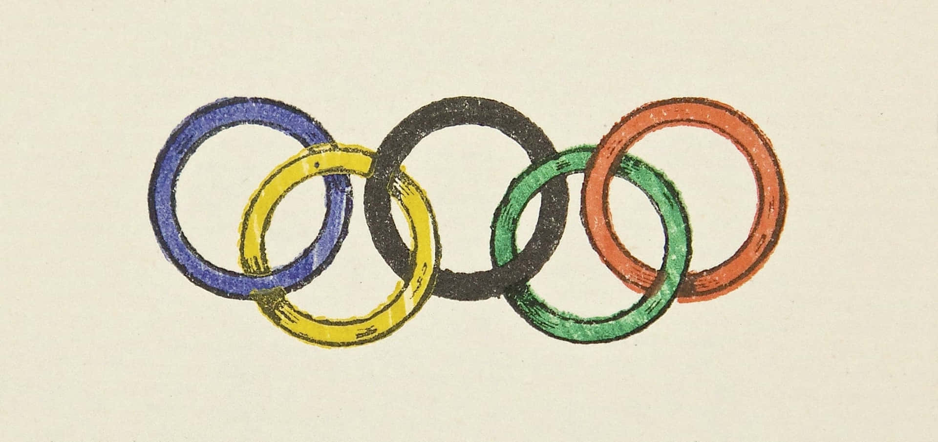 五個奧運環，顏色為藍、黃、黑、綠、紅，用蠟筆繪製。