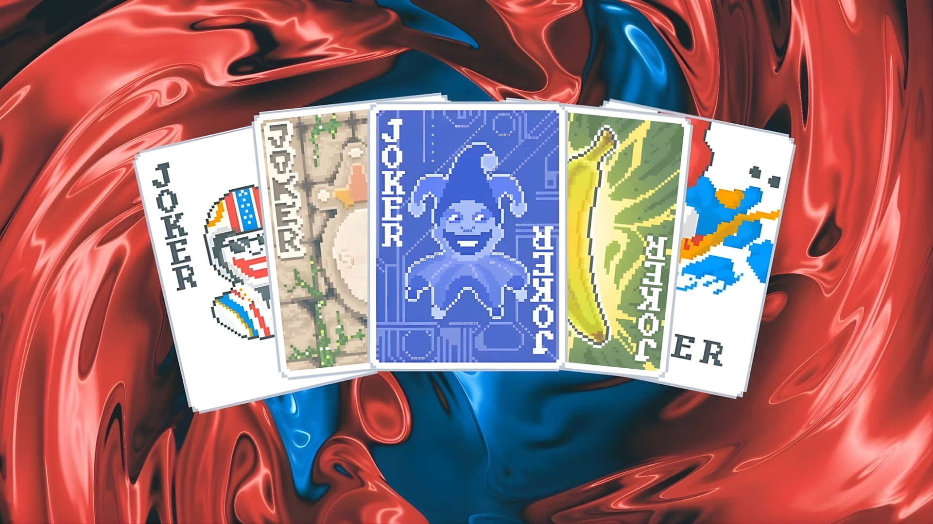  壁紙 — 五張像素藝術小丑牌漂浮在旋轉的紅藍色緞面布料背景上。