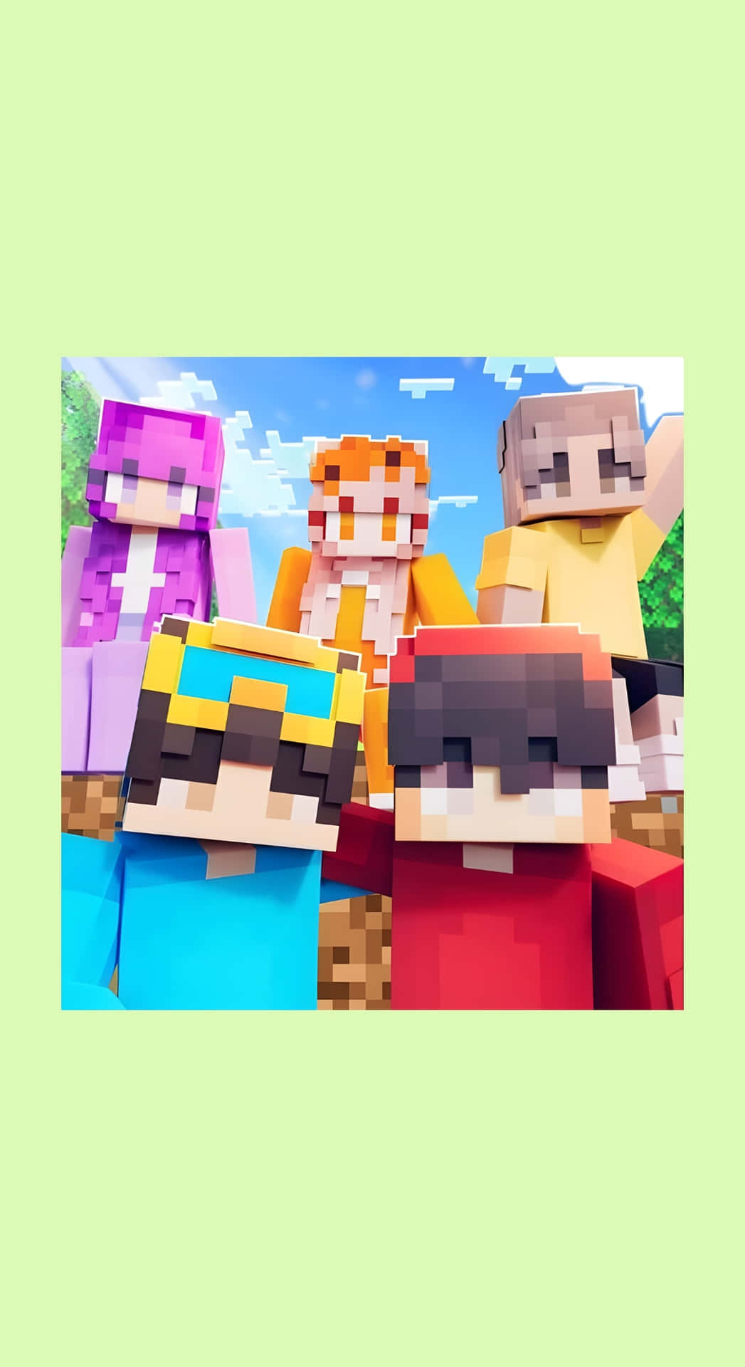  壁紙 — 五個像素化的Minecraft角色穿著色彩繽紛的方塊服裝，一起站在藍天白雲下。