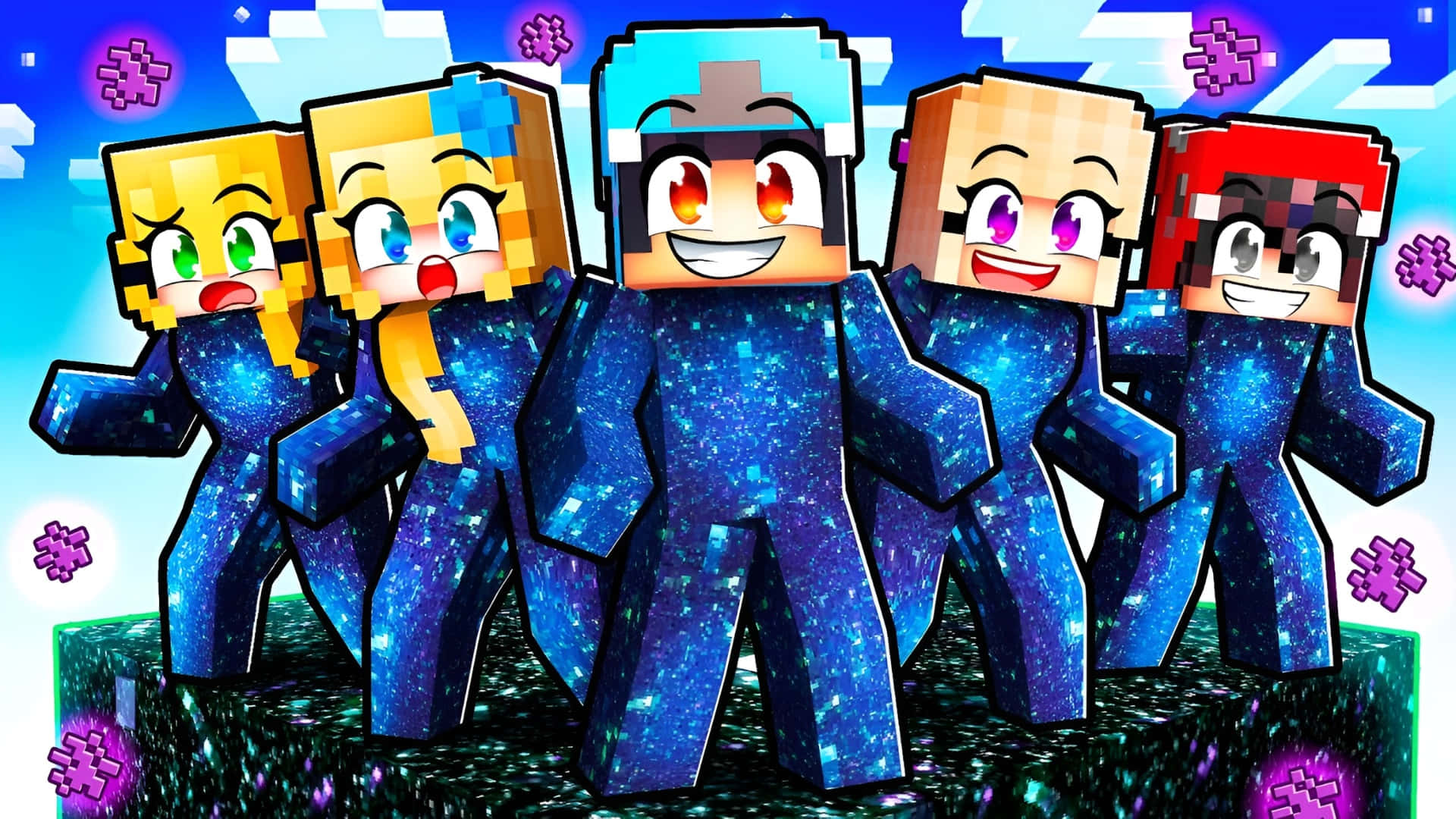  壁紙 — 五個像素化的Minecraft風格角色，身穿閃閃發光的藍色服裝，站在充滿活力的天空下，周圍漂浮著拼圖碎片。