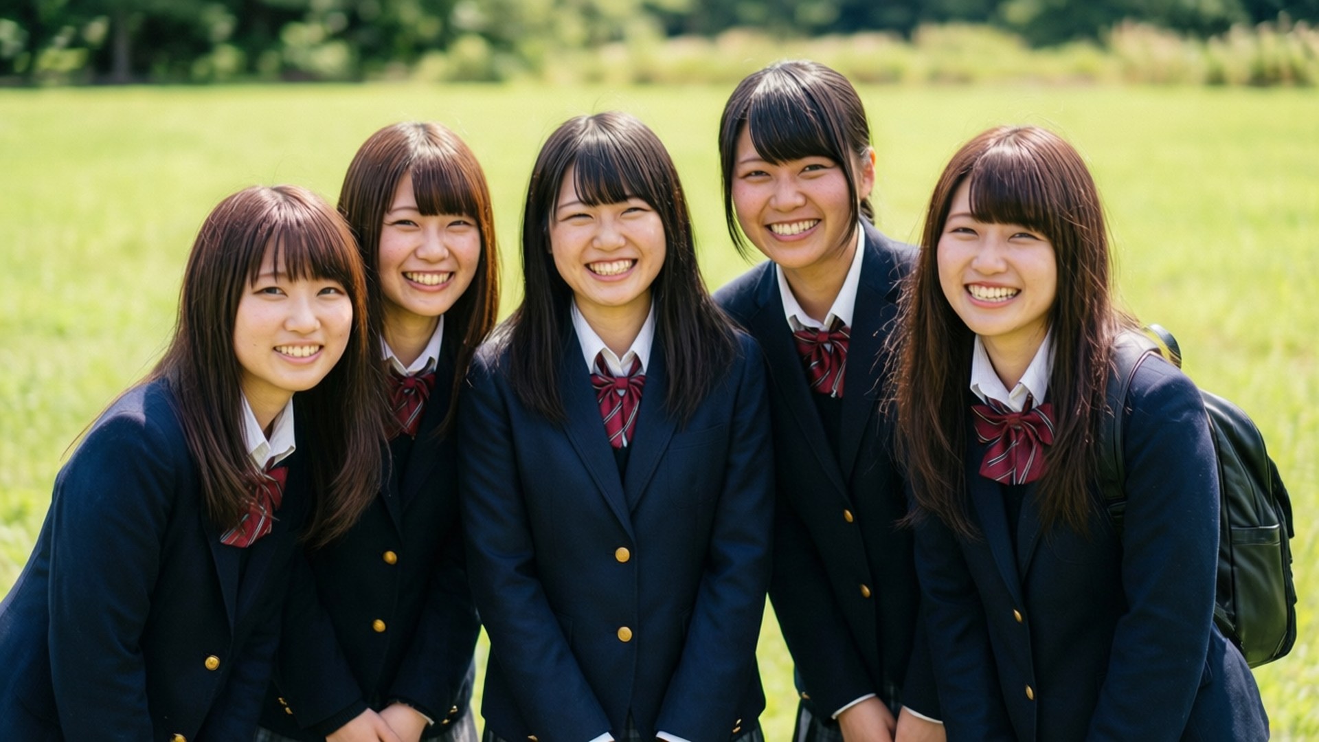 Rin Obami 桌布 壁紙 — 五名微笑的日本女學生身穿海軍藍制服，在晴朗的天空下，於明亮的綠色田野上一起擺姿勢。