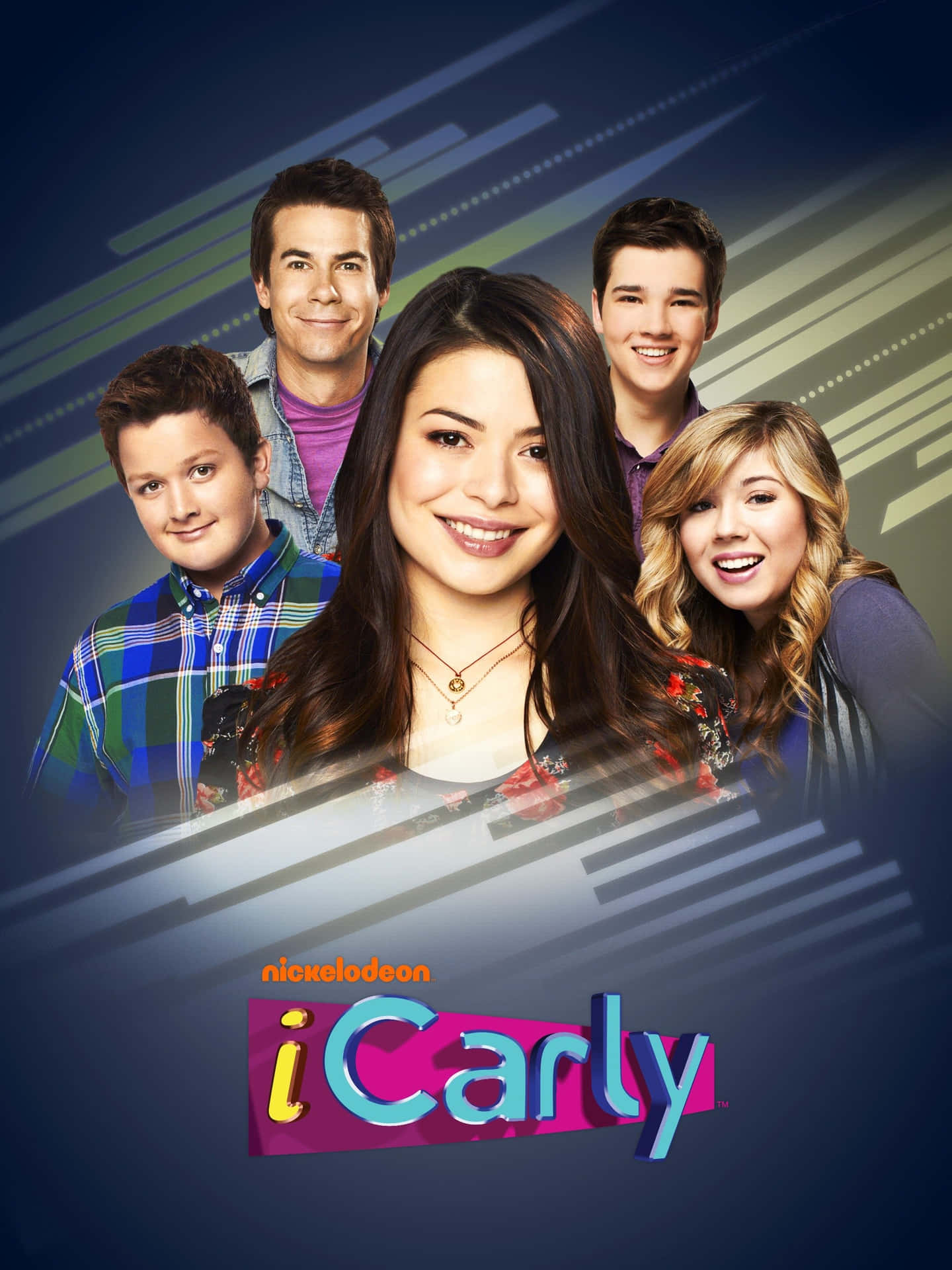  壁紙 — 五位微笑的年輕演員在帶有發光線條和 iCarly 標誌的風格化藍色背景前擺姿勢。