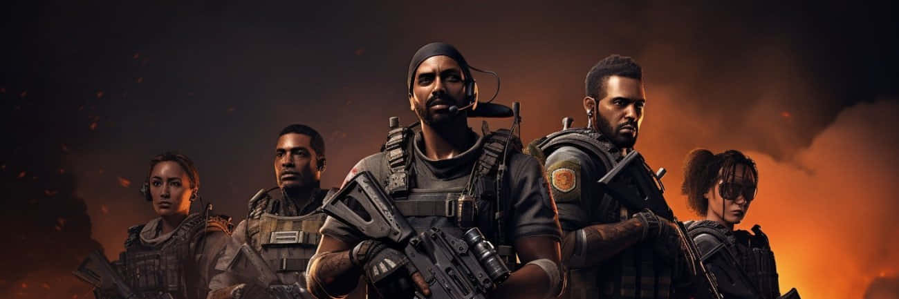  壁紙 — 五名身穿戰術裝備的士兵在熾熱橙色和黑暗煙霧背景下堅定站立。