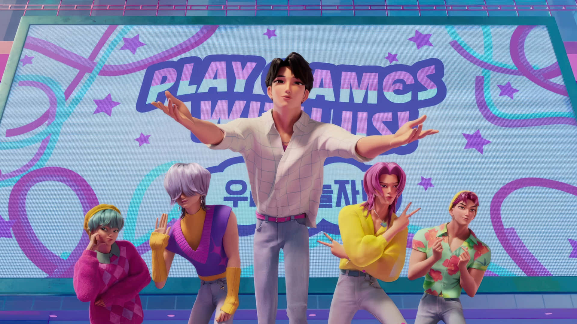  壁紙 — 五個風格化的動漫角色在發光的「PLAY GAMES WITH US」屏幕前擺出俏皮的姿勢。