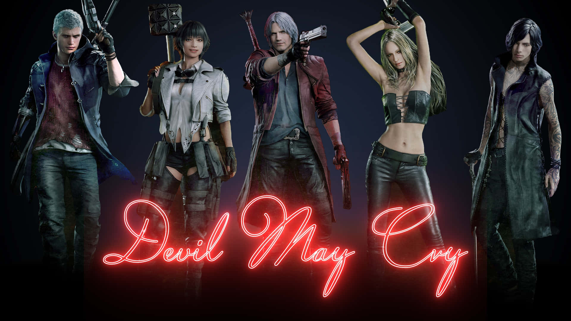  壁紙 — 五個來自《Devil May Cry》的風格化電子遊戲角色站在深色背景前，帶有發光的紅色霓虹標題文字。