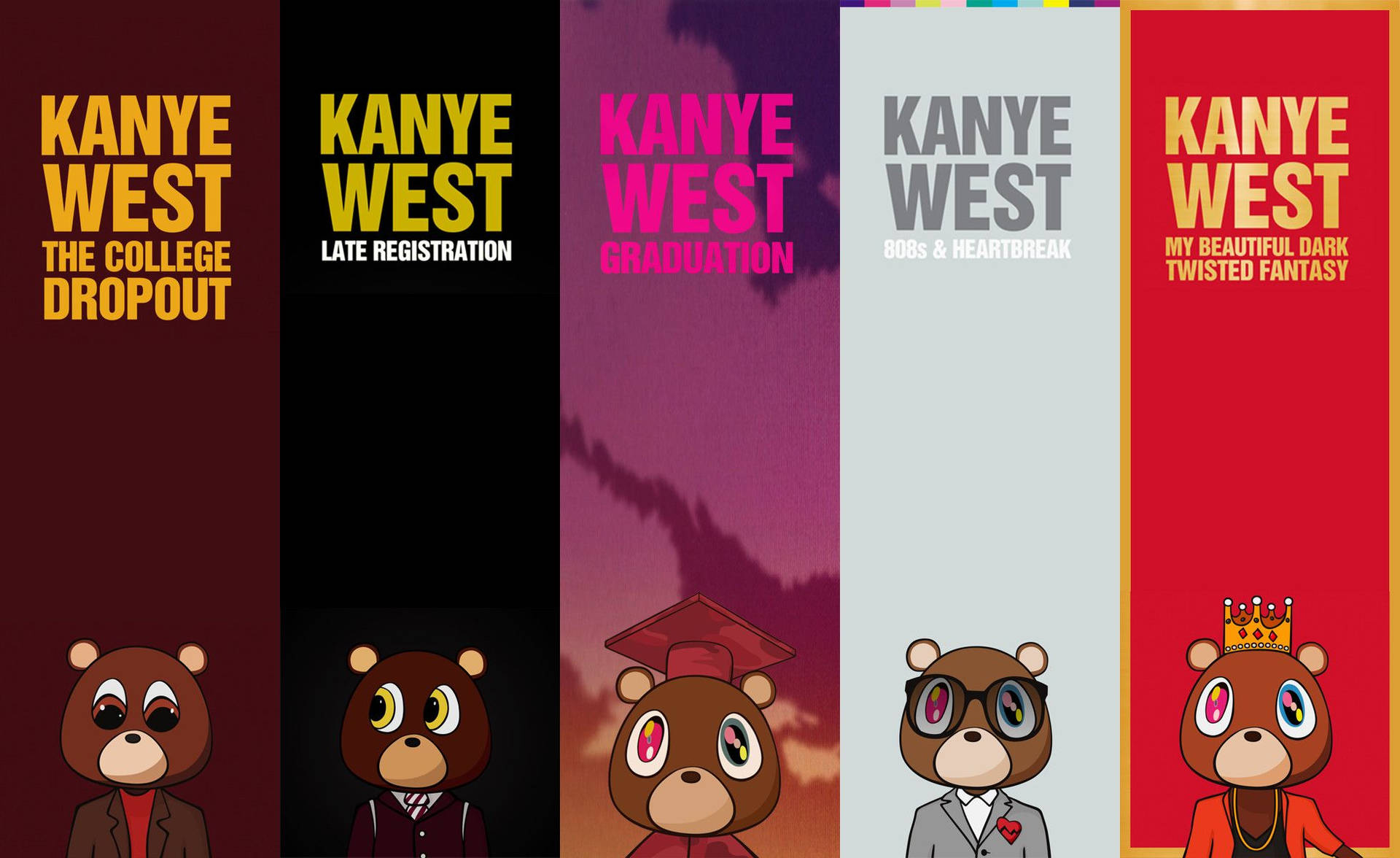 卡通熊穿著五種不同服裝，代表 Kanye West 專輯封面。