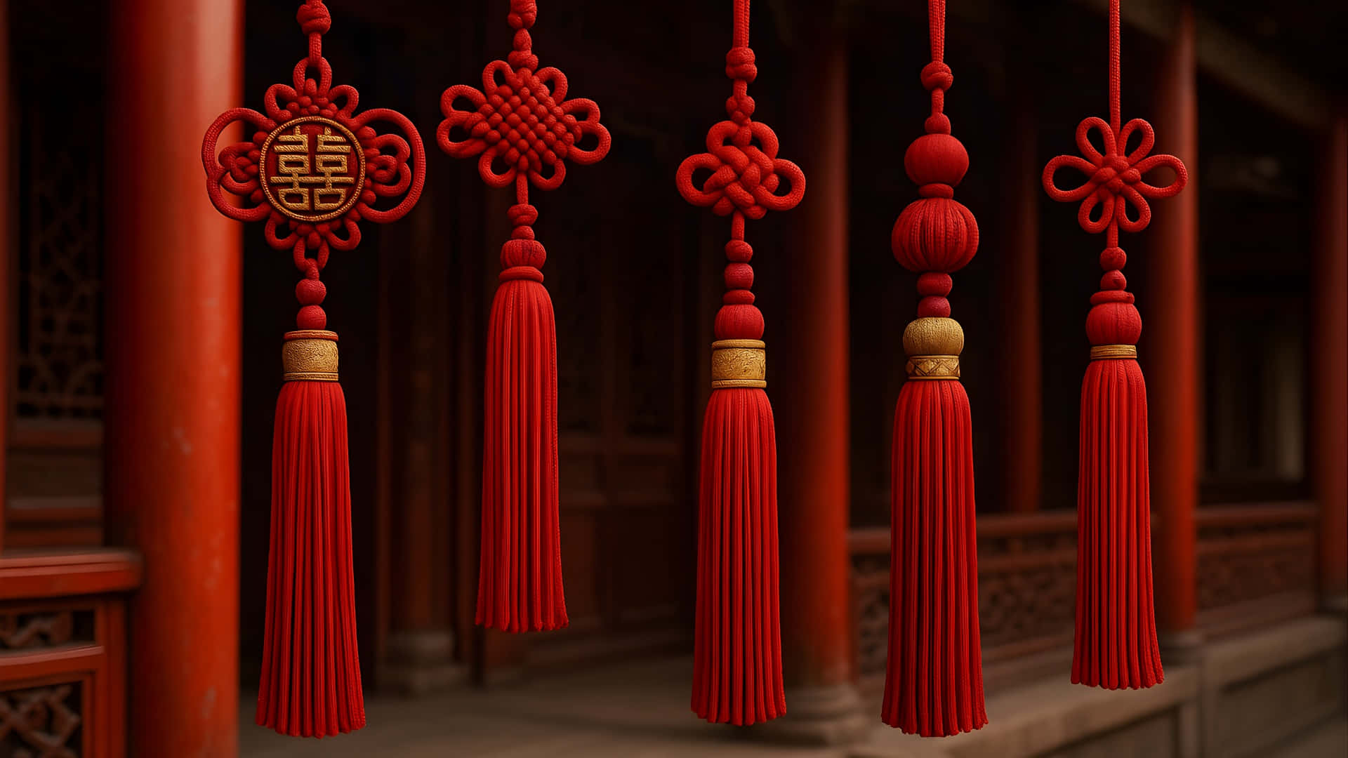  壁紙 — 五個鮮豔的紅色中國結（帶流蘇）優雅地掛在傳統木結構上，散發出節日文化魅力。