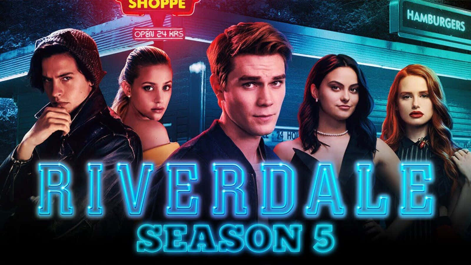 第五季霓虹燈照亮嘅城市場景中嘅五個 Riverdale 角色。