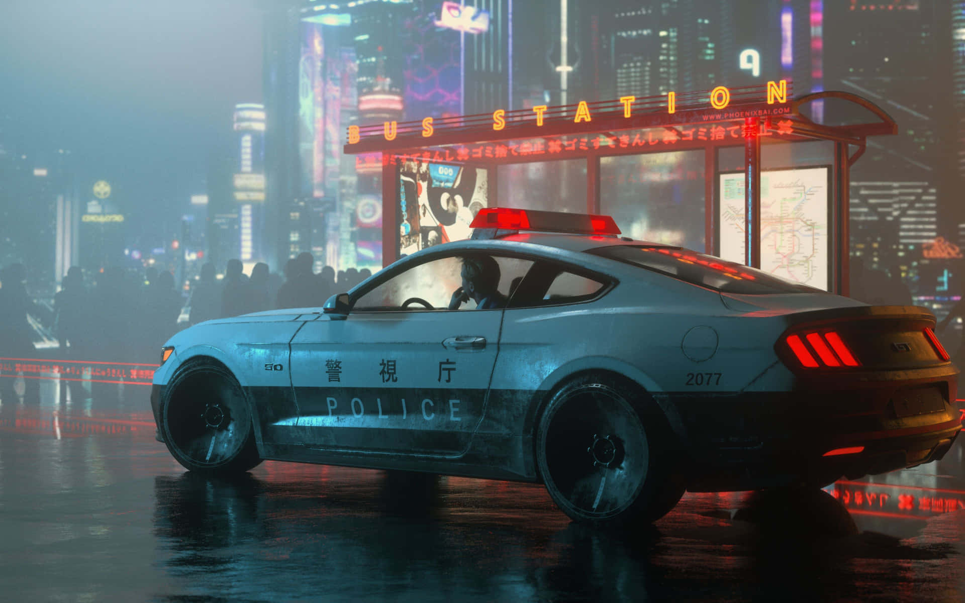 未來警車停在雨夜霓虹燈街道上。