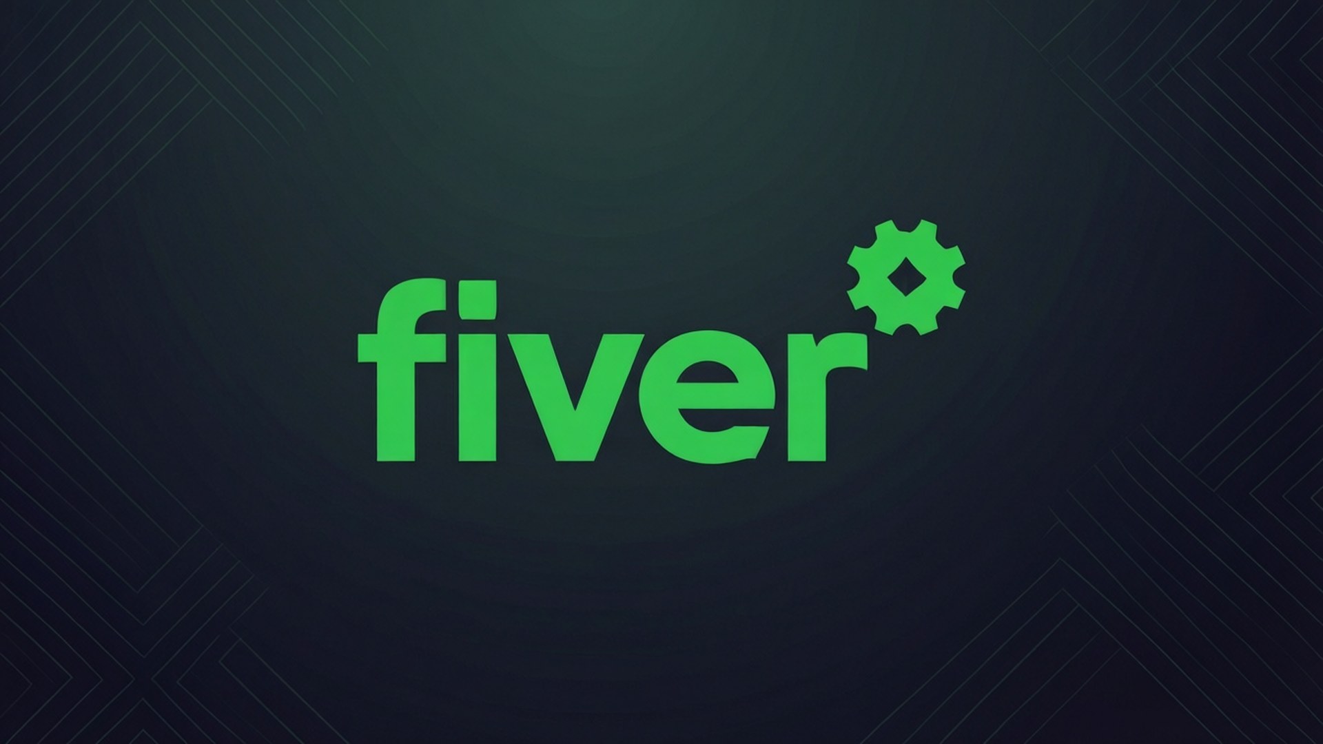 Fiverr極簡標誌 壁紙 — Fiver 標誌以亮綠色文字和齒輪圖標顯示在帶有幾何線條圖案的深色漸變背景中央。