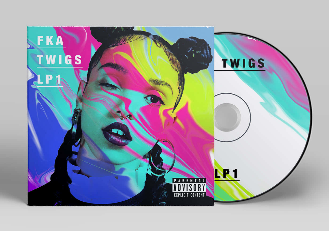 FK Twins CD封面 壁紙 — FKA twigs 在專輯封面上的充滿活力的迷幻肖像，帶有旋轉的霓虹色彩和匹配的 CD。